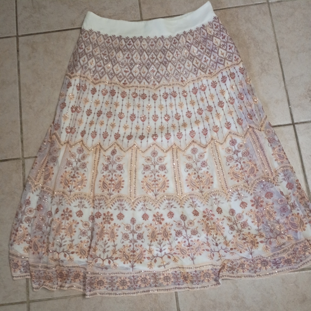 Soft Surroundings Cream and Blush Printed A-Line Skirt - Picture 4 of 9